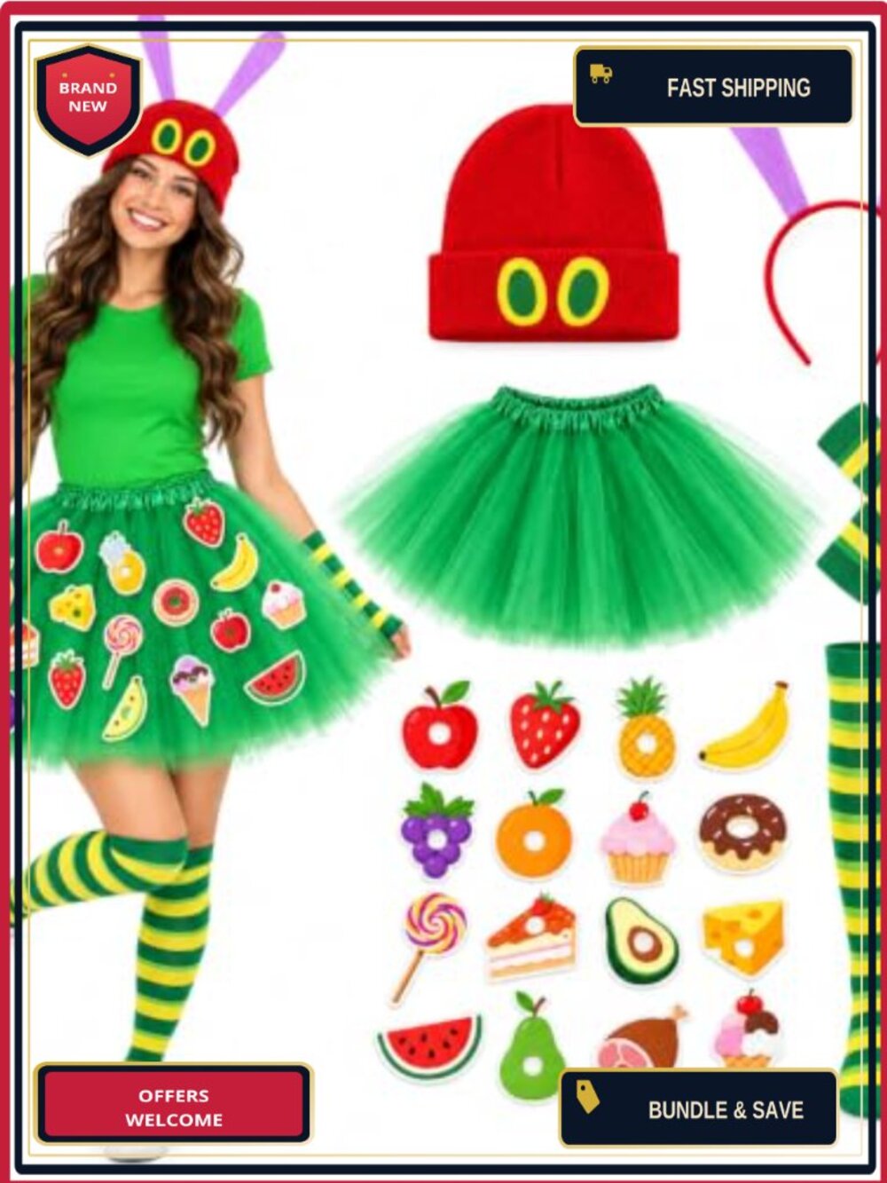 Caterpillar Costume Accessory Set Tutu Beanie Antenna Headband Striped Socks
